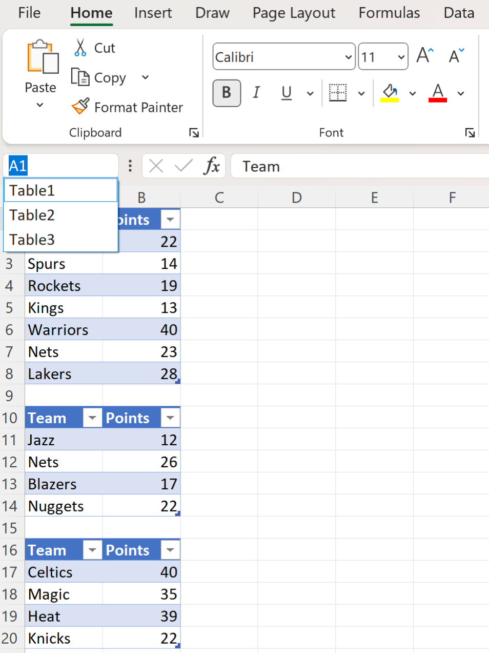 Excel list all table names