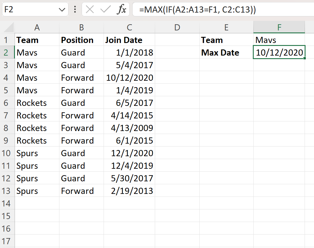 Excel lookup value and find max date