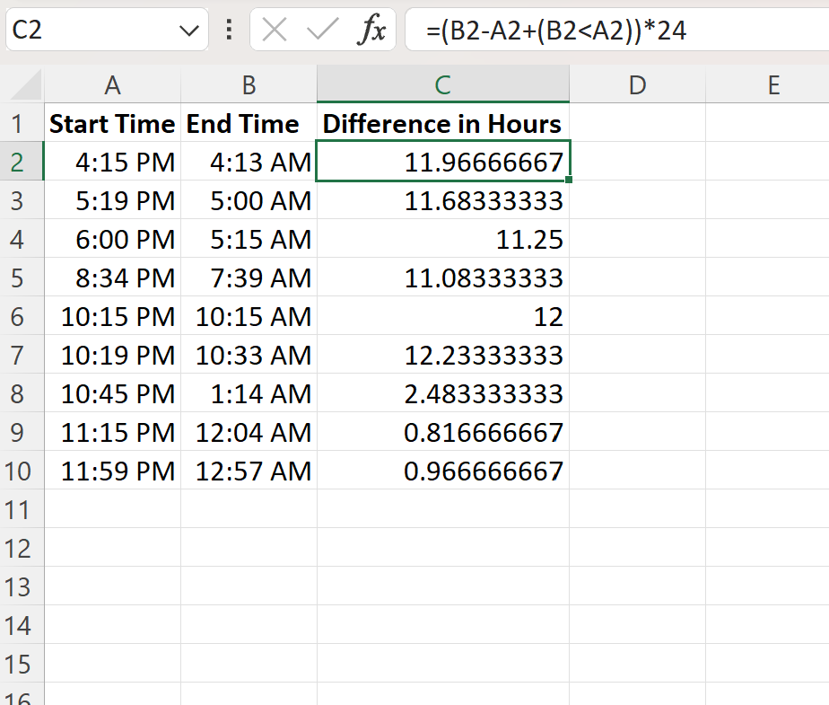 Excel calculate hours between two times after midnight