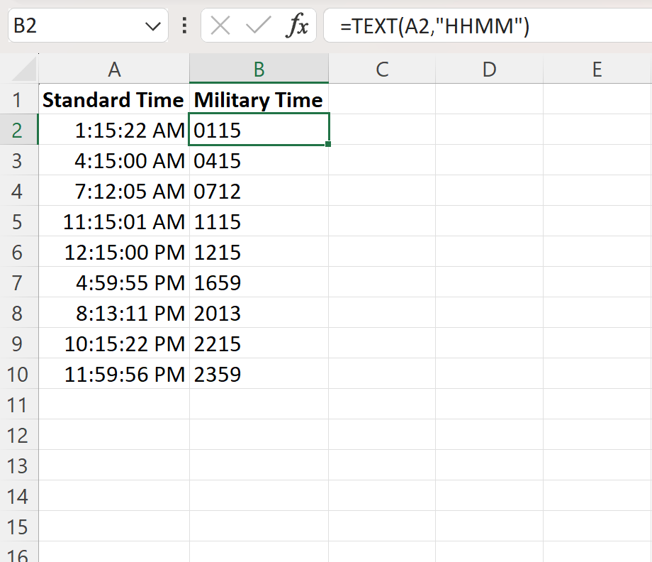 Excel convert standard time to military time