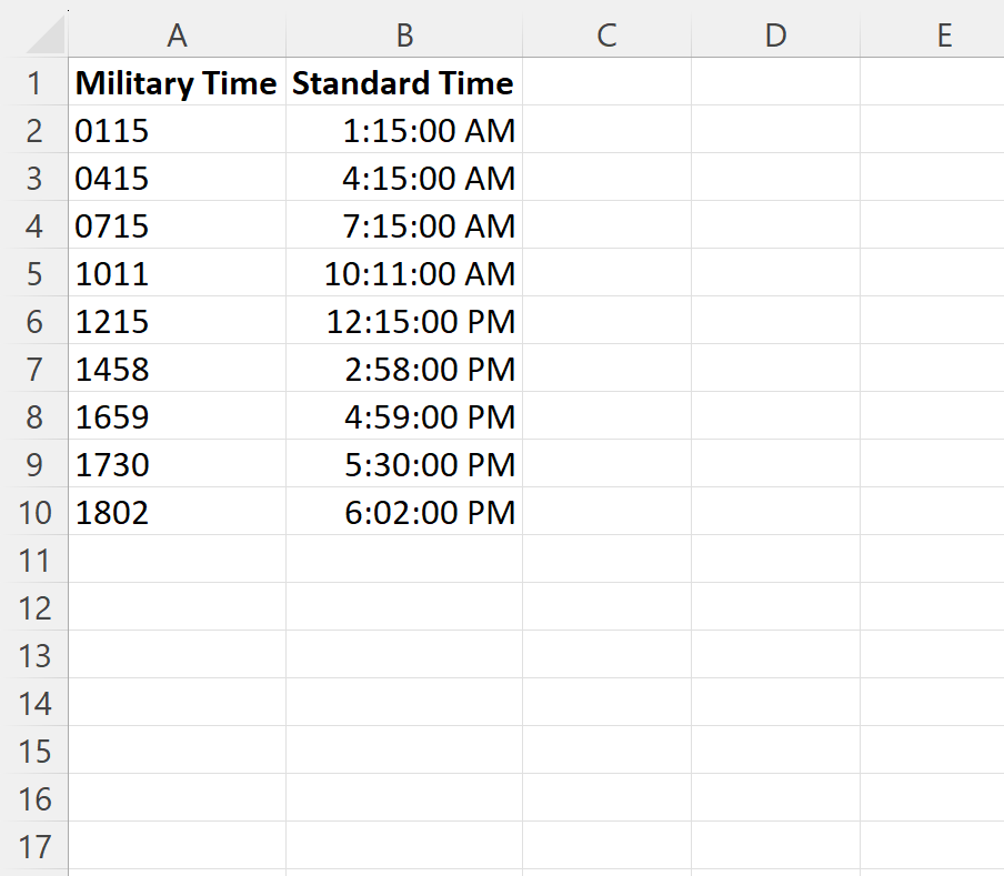Excel convert military time to standard time
