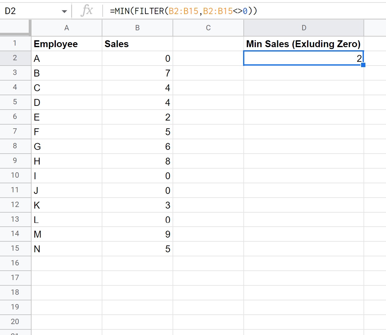 Google Sheets MIN function excluding zeros