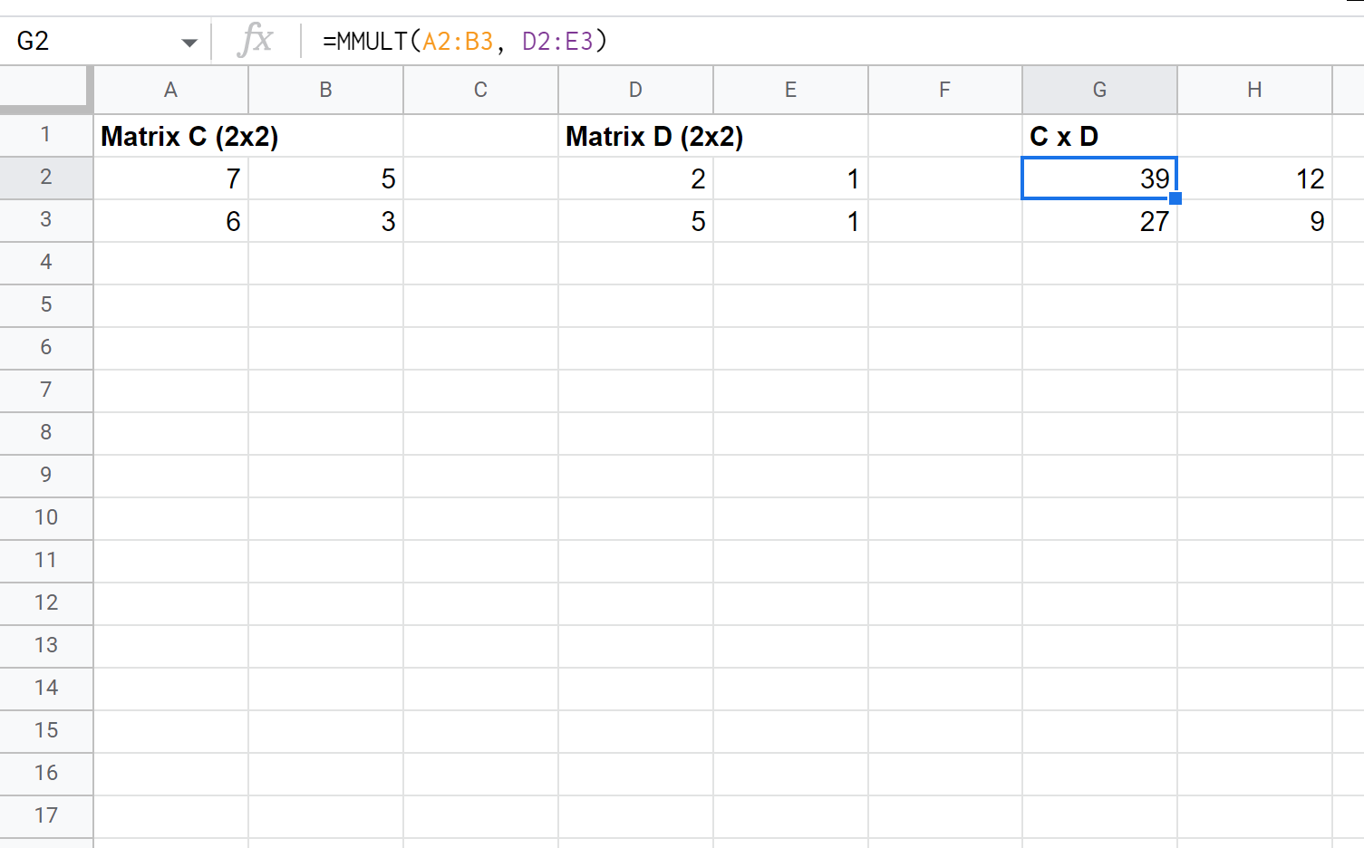 2x2 by 2x2 matrix multiplication in Google Sheets