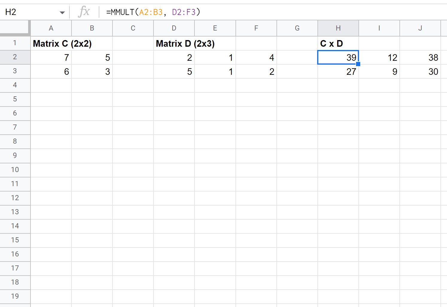 2x2 by 2x3 matrix multiplication in Google Sheets