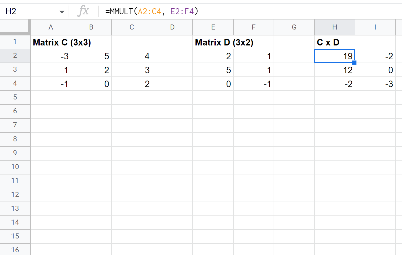 3x3 by 3x2 matrix multiplication in Google Sheets
