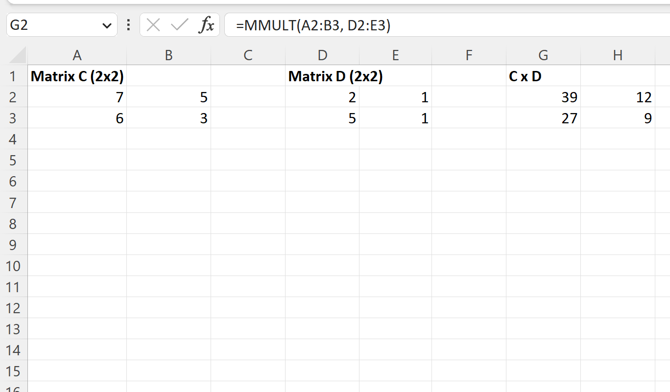2x2 by 2x2 matrix multiplication in Excel