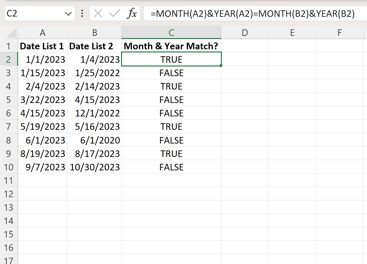 Excel check if month and year match between two dates