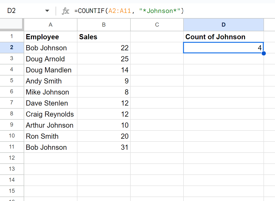 Google Sheets count cells with partial name