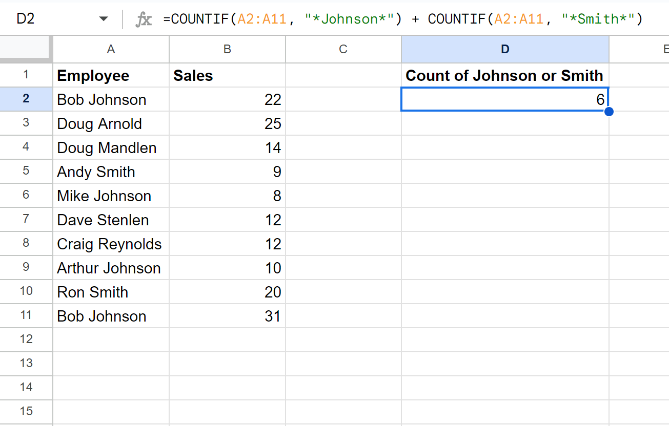 Google Sheets count cells with one of several names