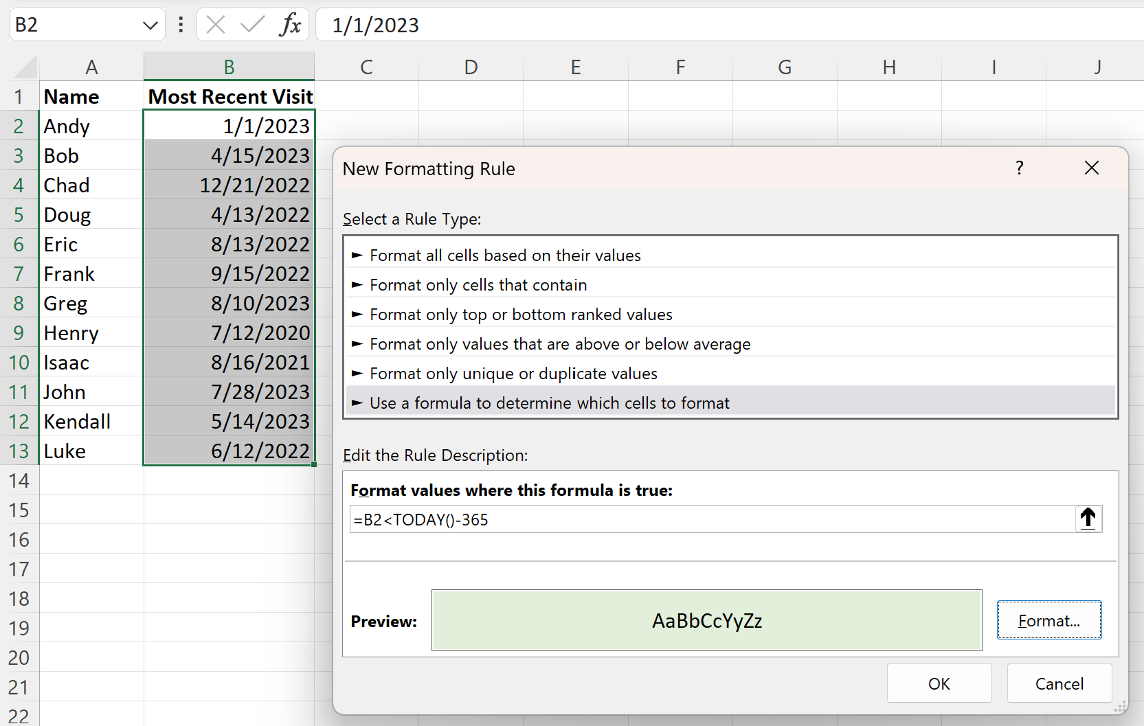 Excel conditional formatting dates over 1 year old