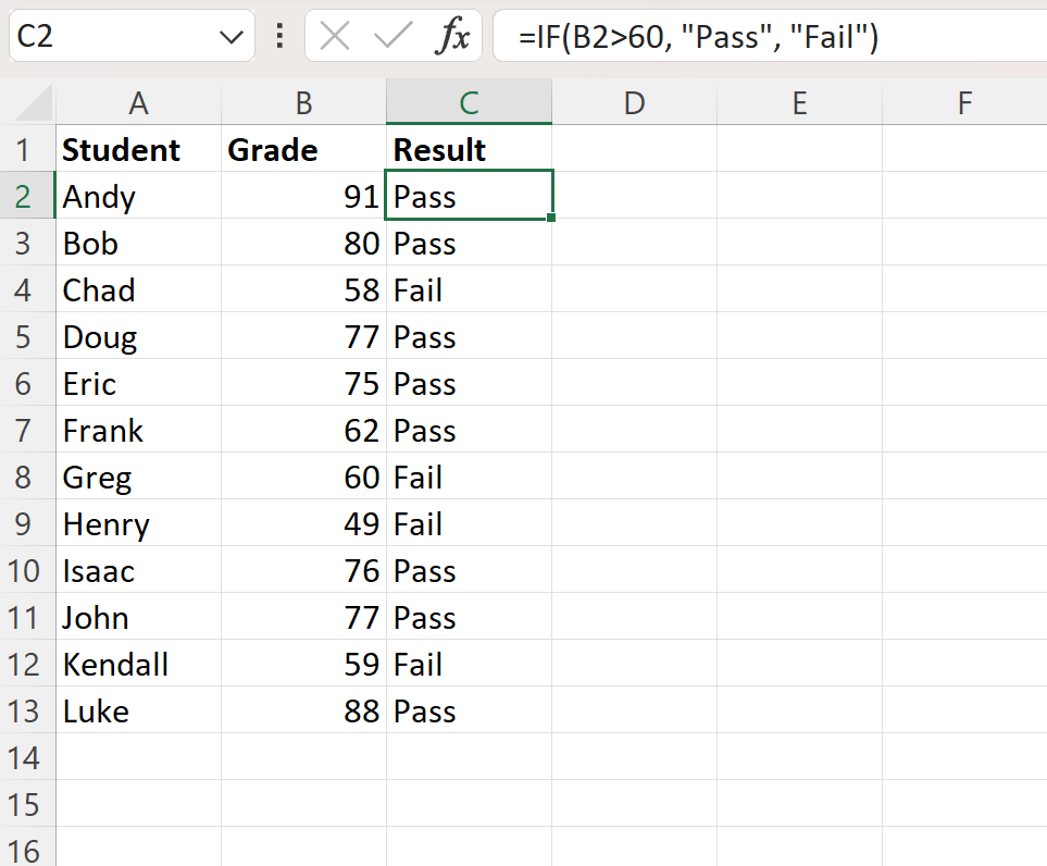 Excel pass or fail formula