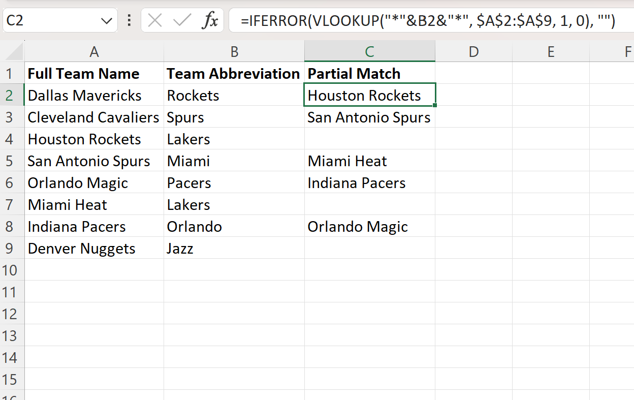 Excel partial match with two columns