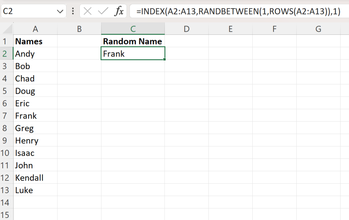 Excel randomly select name