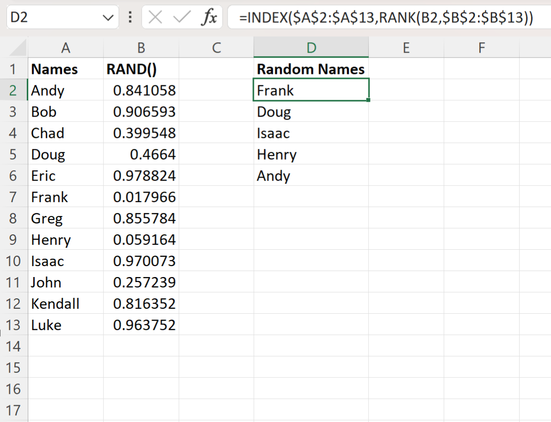 Excel select multiple random names from list without duplicates