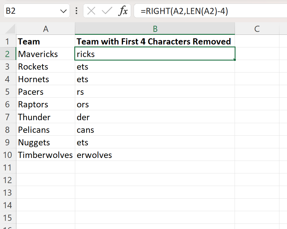 Excel remove first 4 characters
