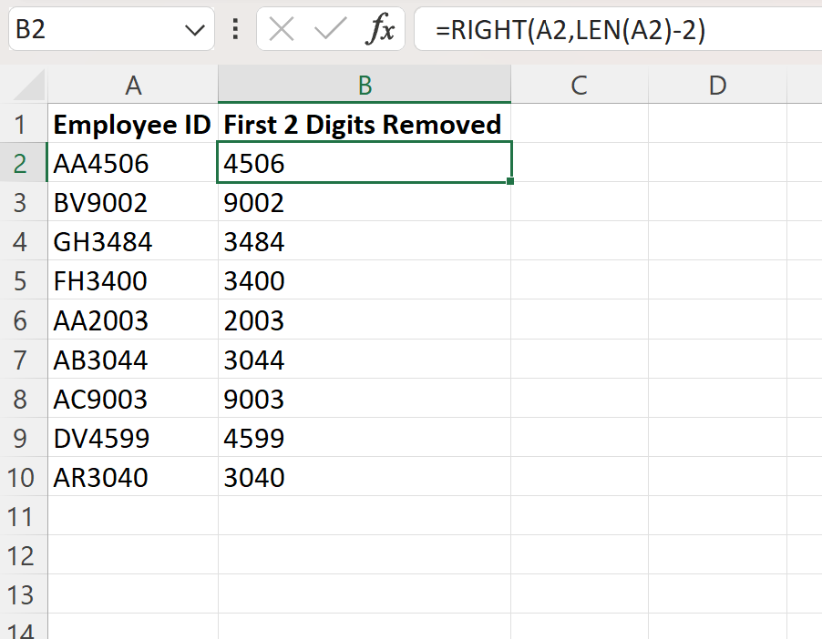 Excel remove first 2 digits