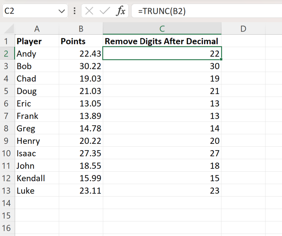 Excel remove digits after decimal using TRUNC function