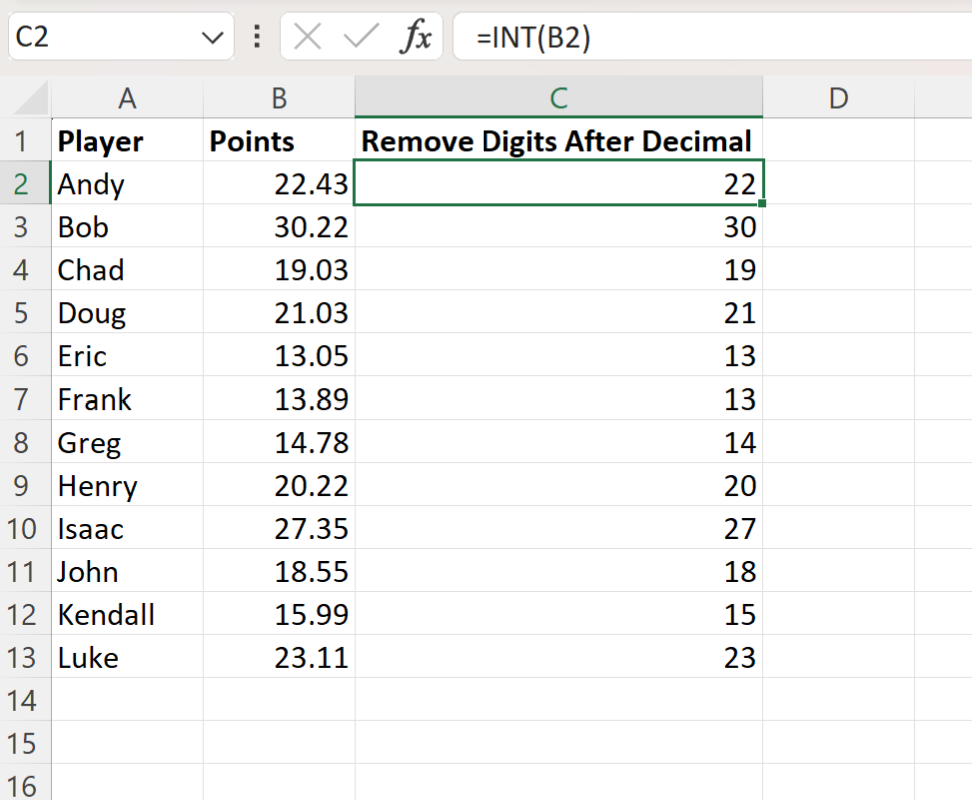 Excel remove digits after decimal using INT function