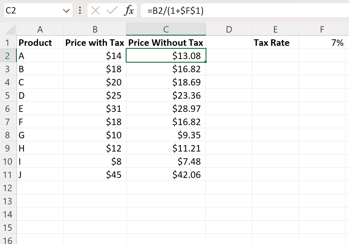 Excel reverse tax rate calculation