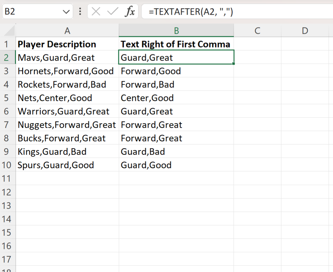 Excel right of comma