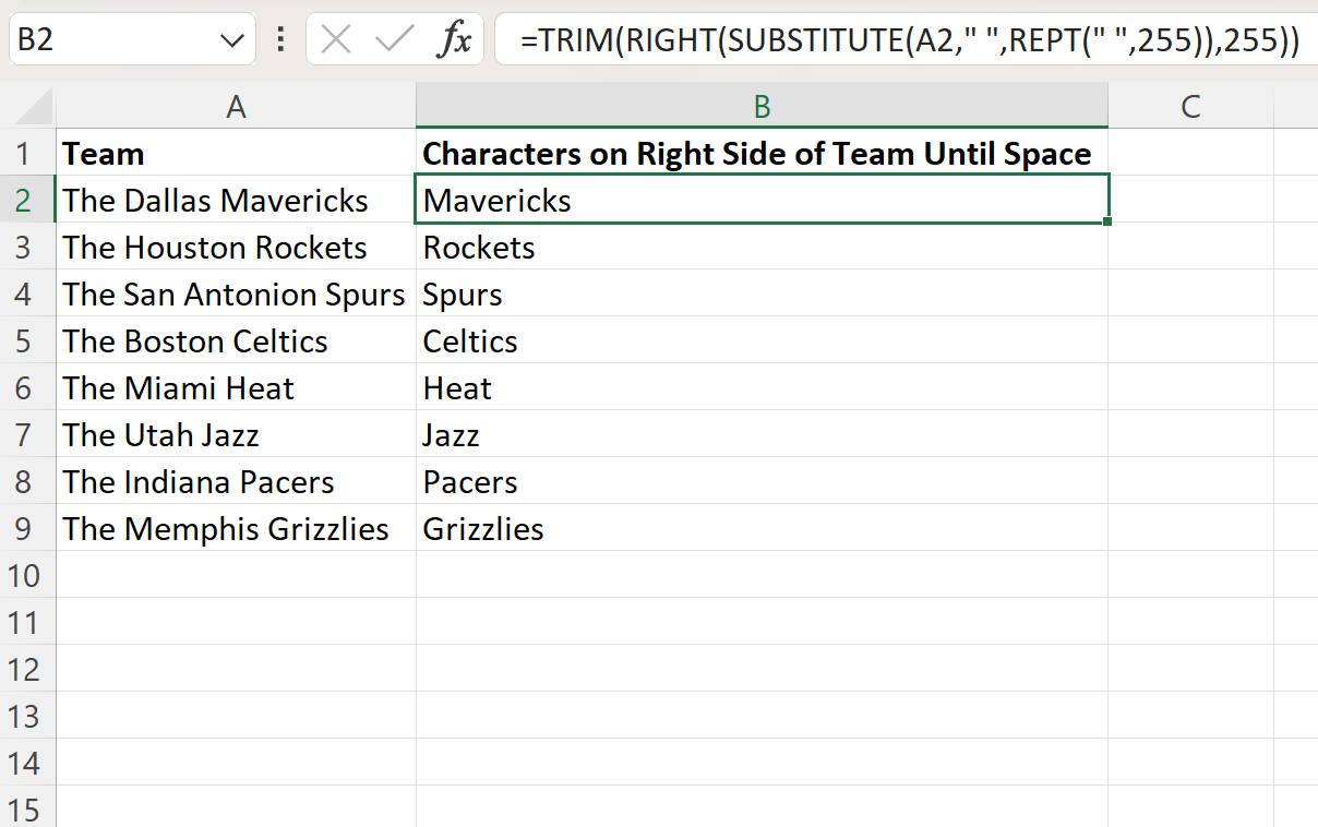 Excel extract characters from right until space