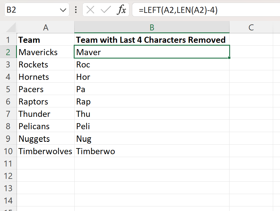 Excel remove last 4 characters from string