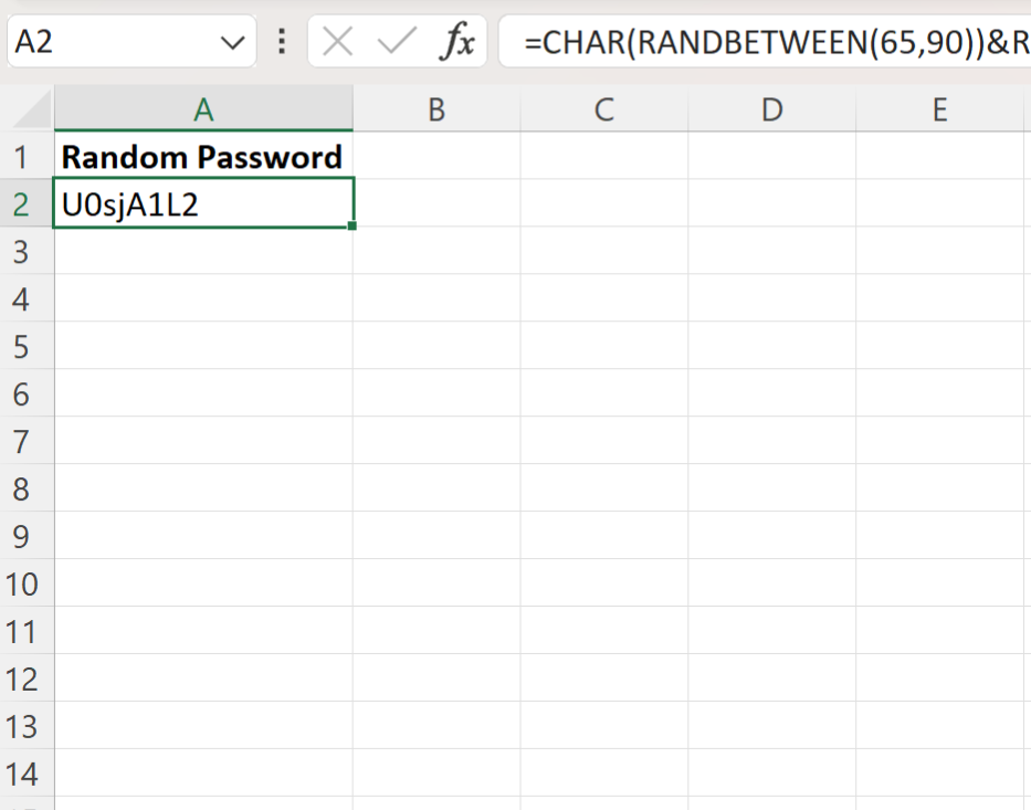 Excel generate random password