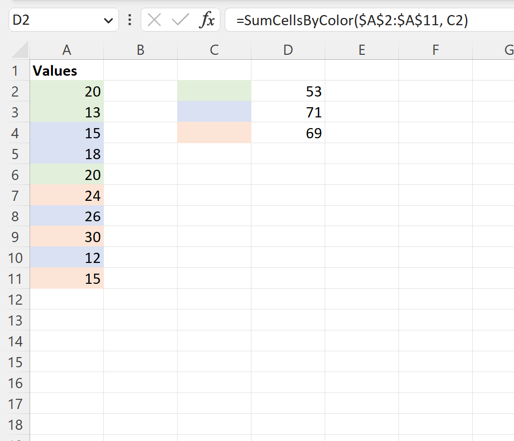 Excel sum by color