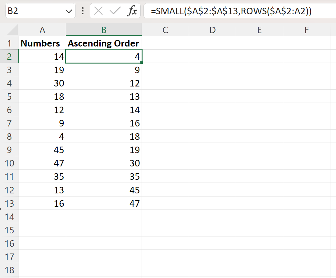 Excel sort numbers in ascending order by using formula