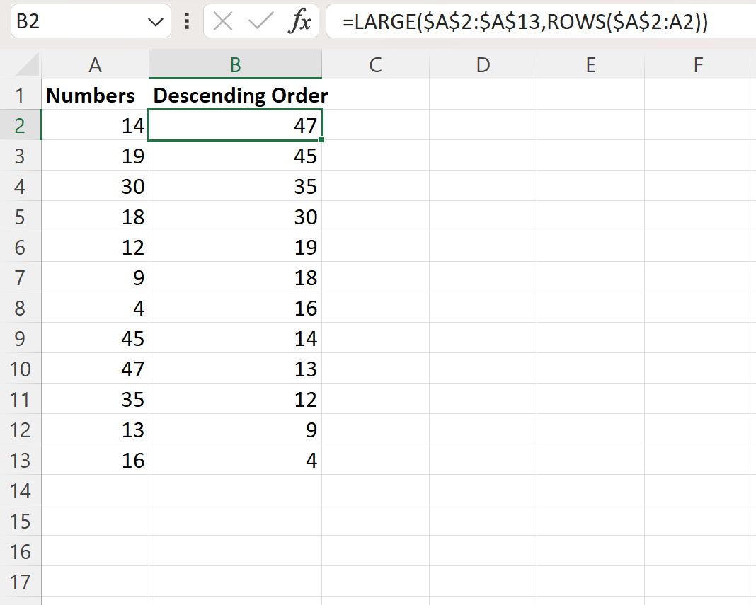 Excel sort numbers in descending order by using formula