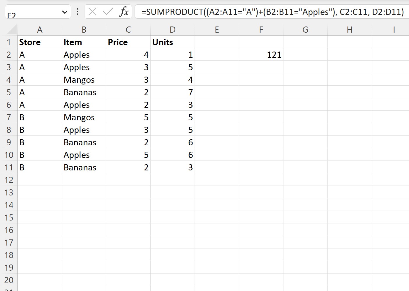 Excel SUMPRODUCT with multiple columns with OR condition