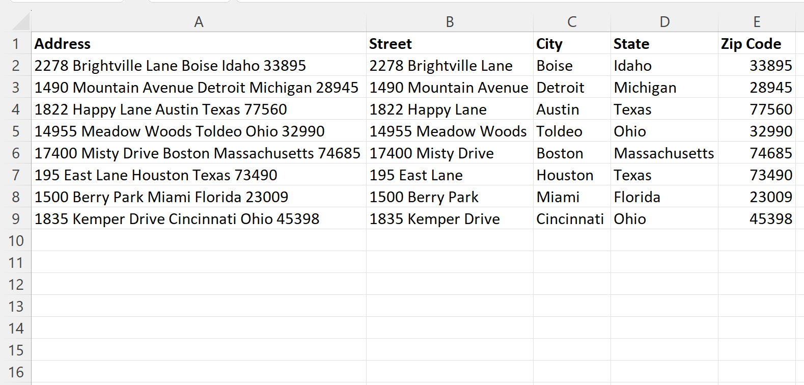 Excel separate address without commas