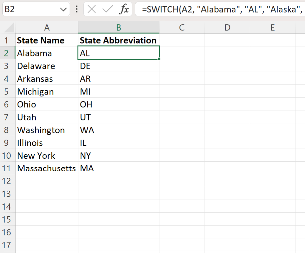 Excel convert state name to abbreviation