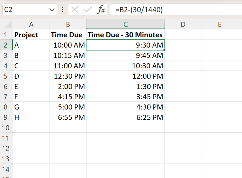Excel subtract 30 minutes from time
