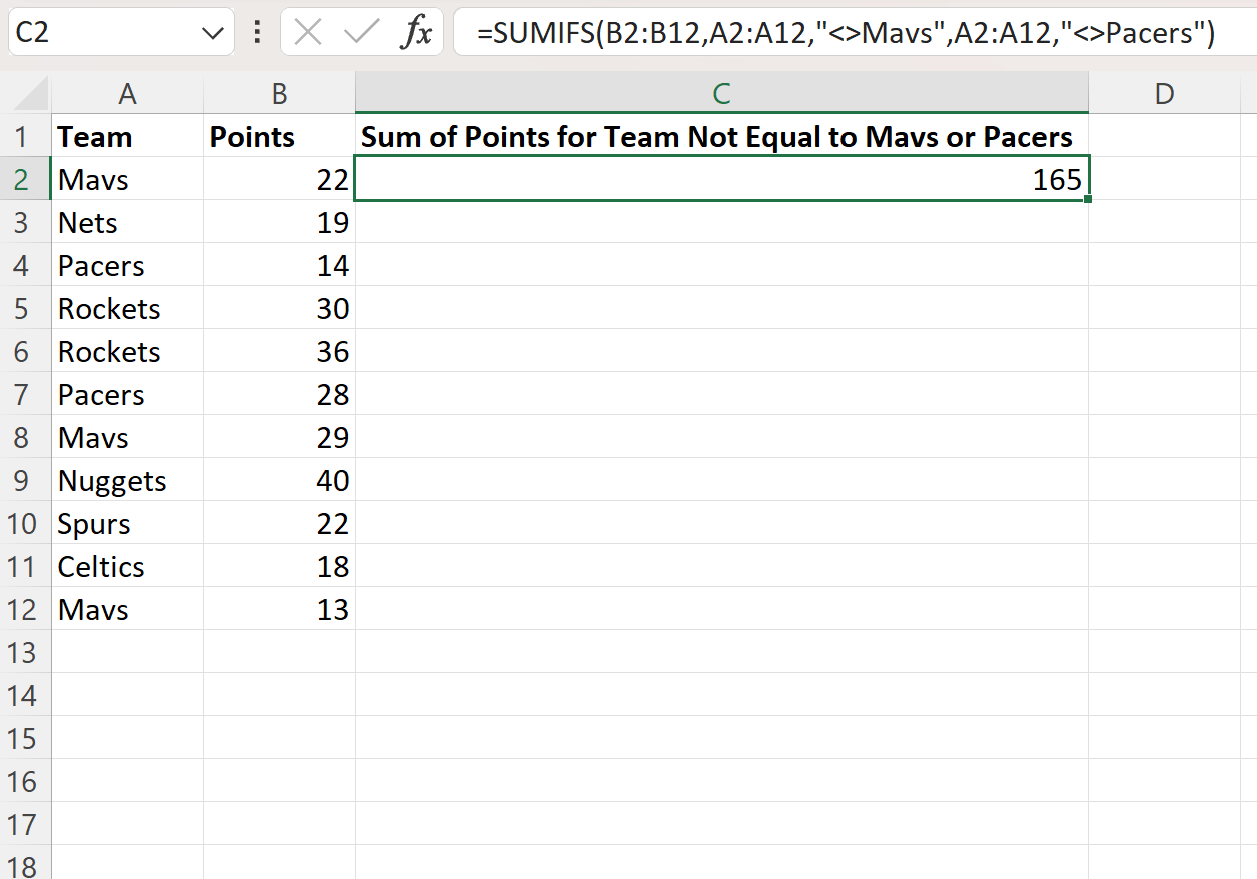 Excel SUMIFS not equal to multiple criteria