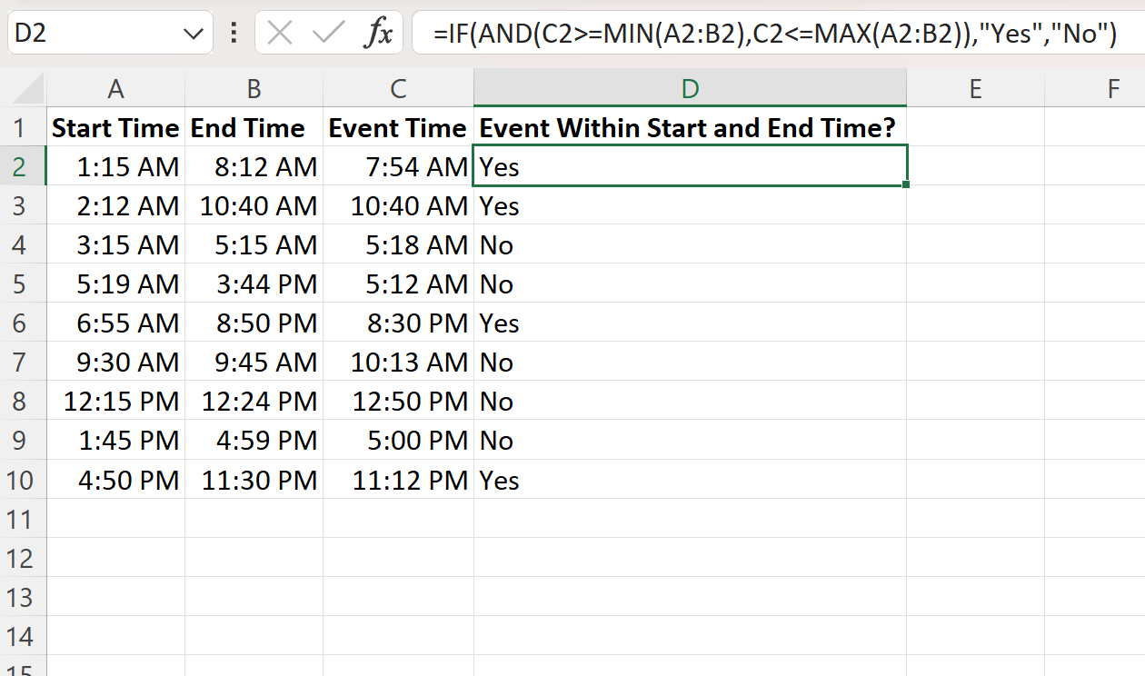 Excel check if time is between two times