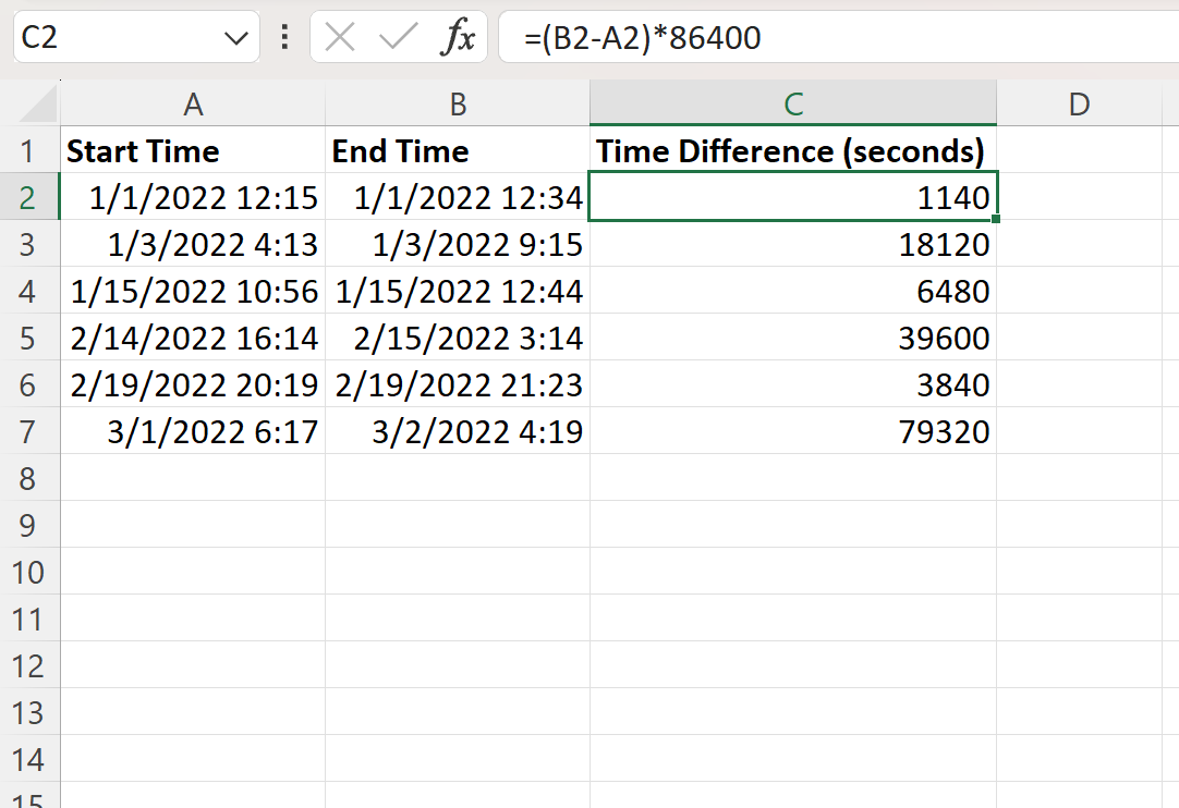 Excel difference between two times in seconds