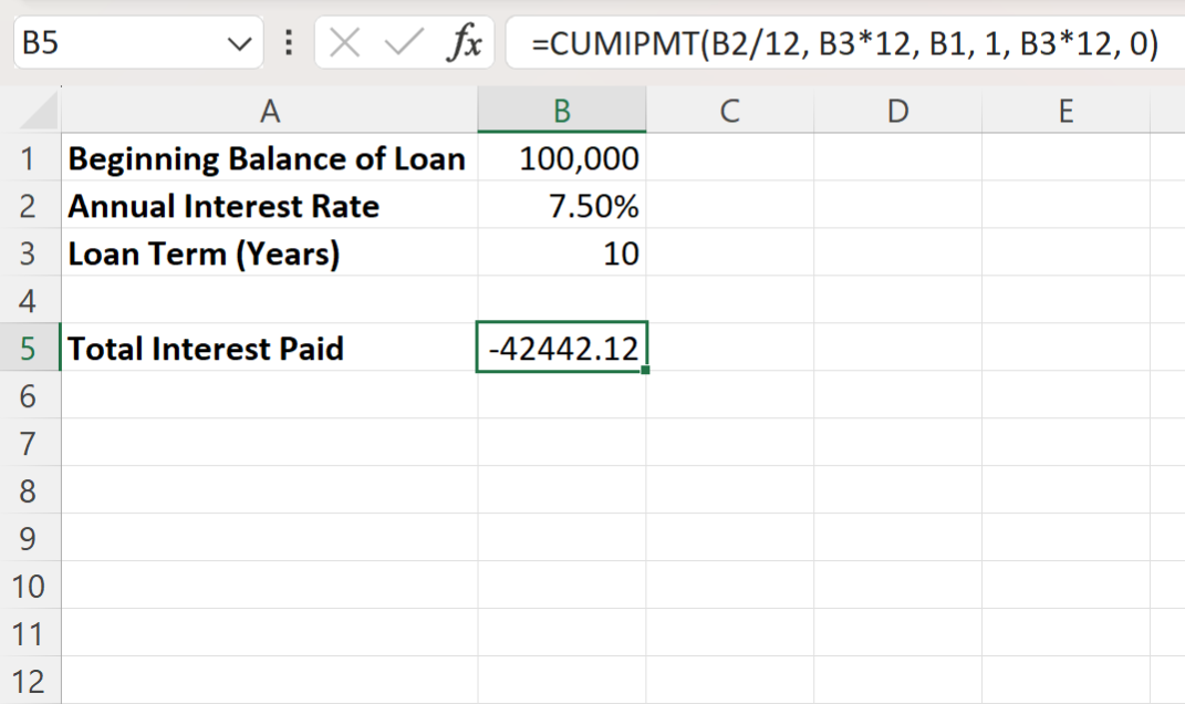 Excel calculate total interest paid on loan