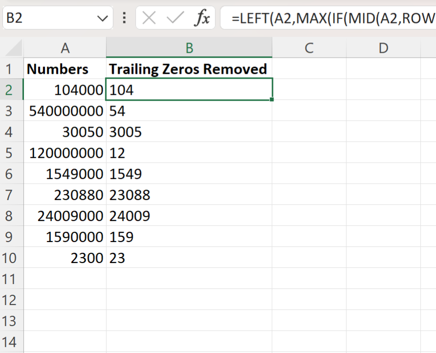 Excel remove trailing zeros