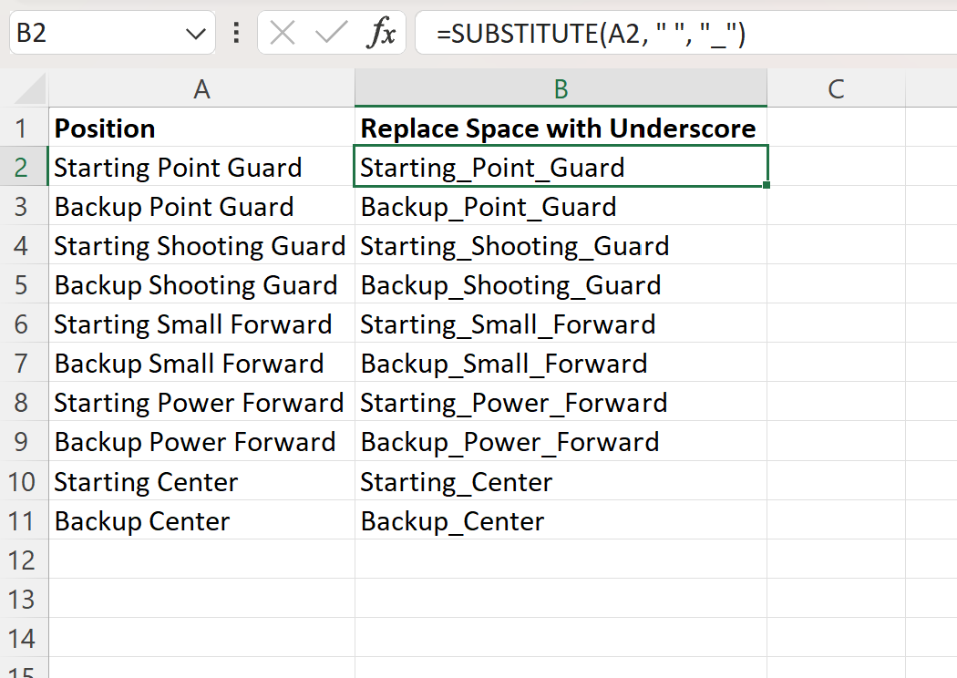 Excel replace space with underscore using SUBSTITUTE function