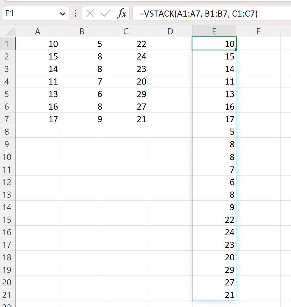 Excel stack multiple columns into one column