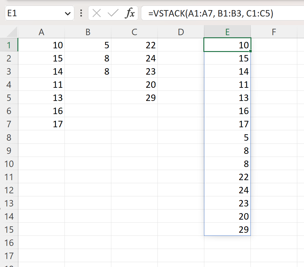 Excel VSTACK with different amount of values in each column