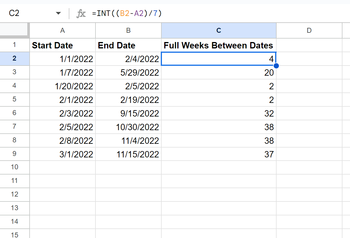 Google Sheets calculate weeks between two dates
