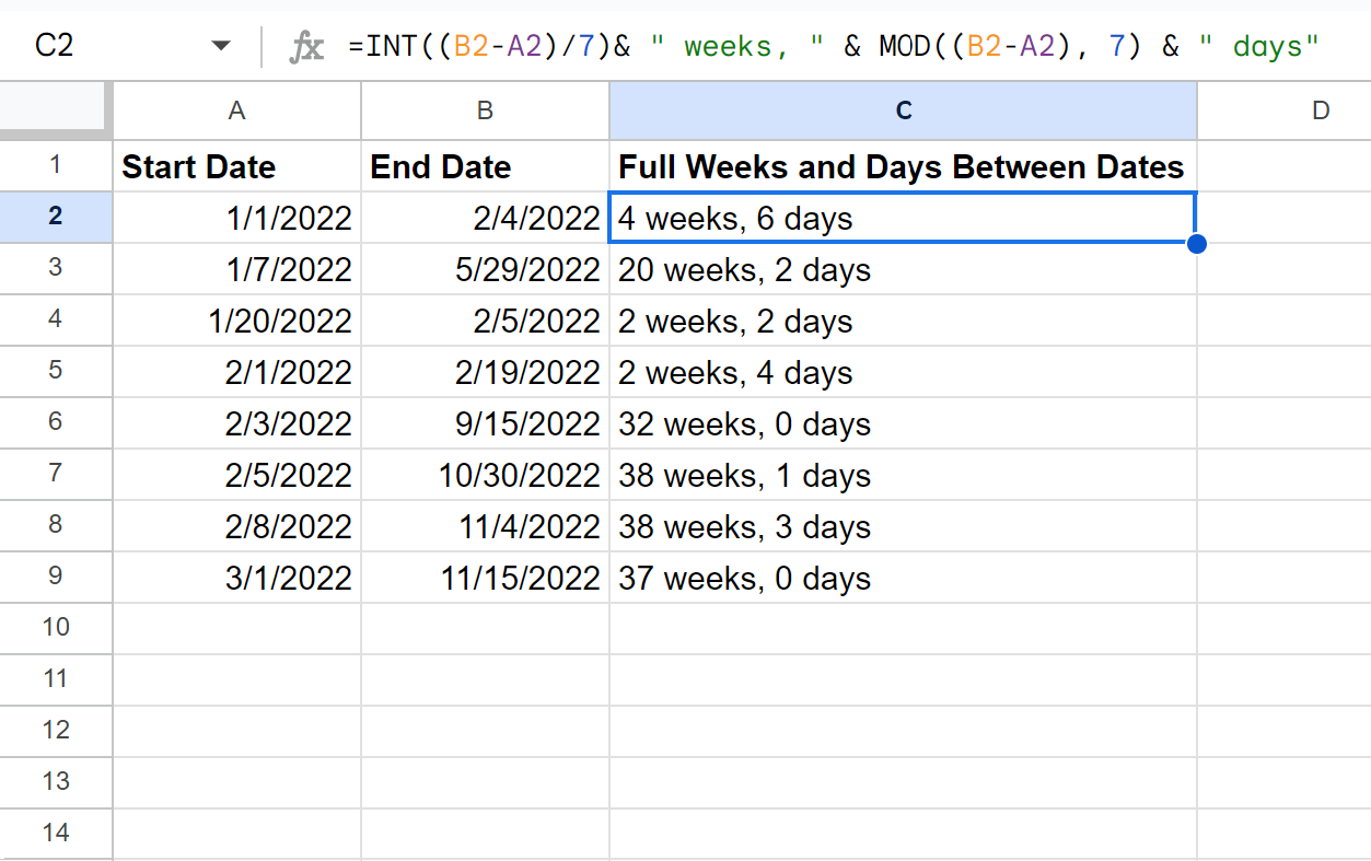 Google Sheets calculate weeks and days between two dates