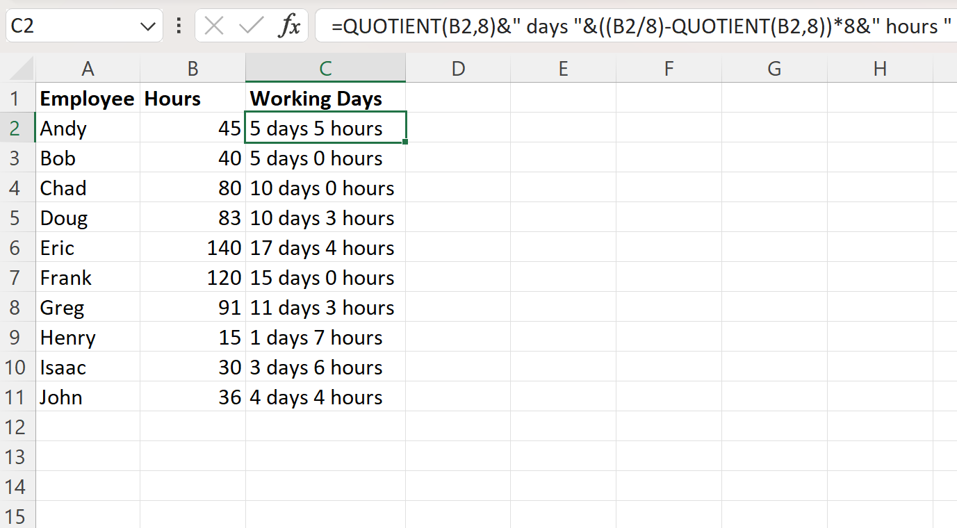 Excel convert hours to working days