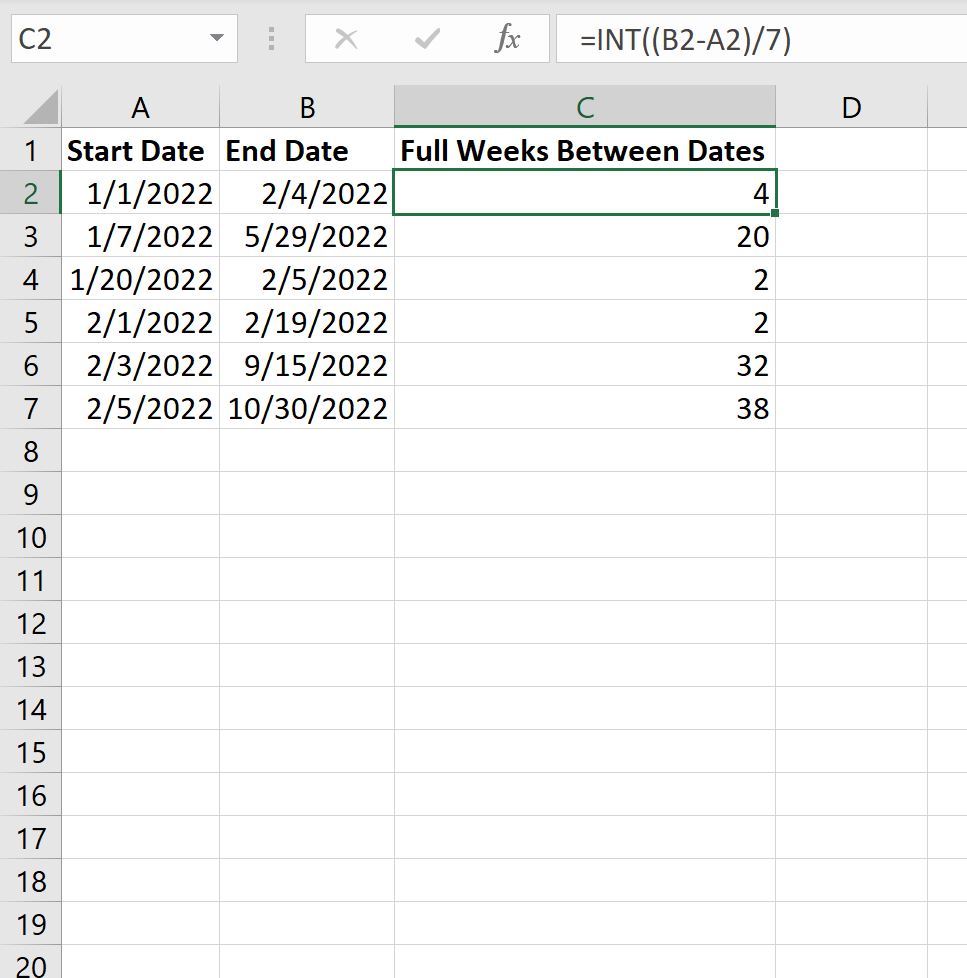 Excel count full weeks between dates