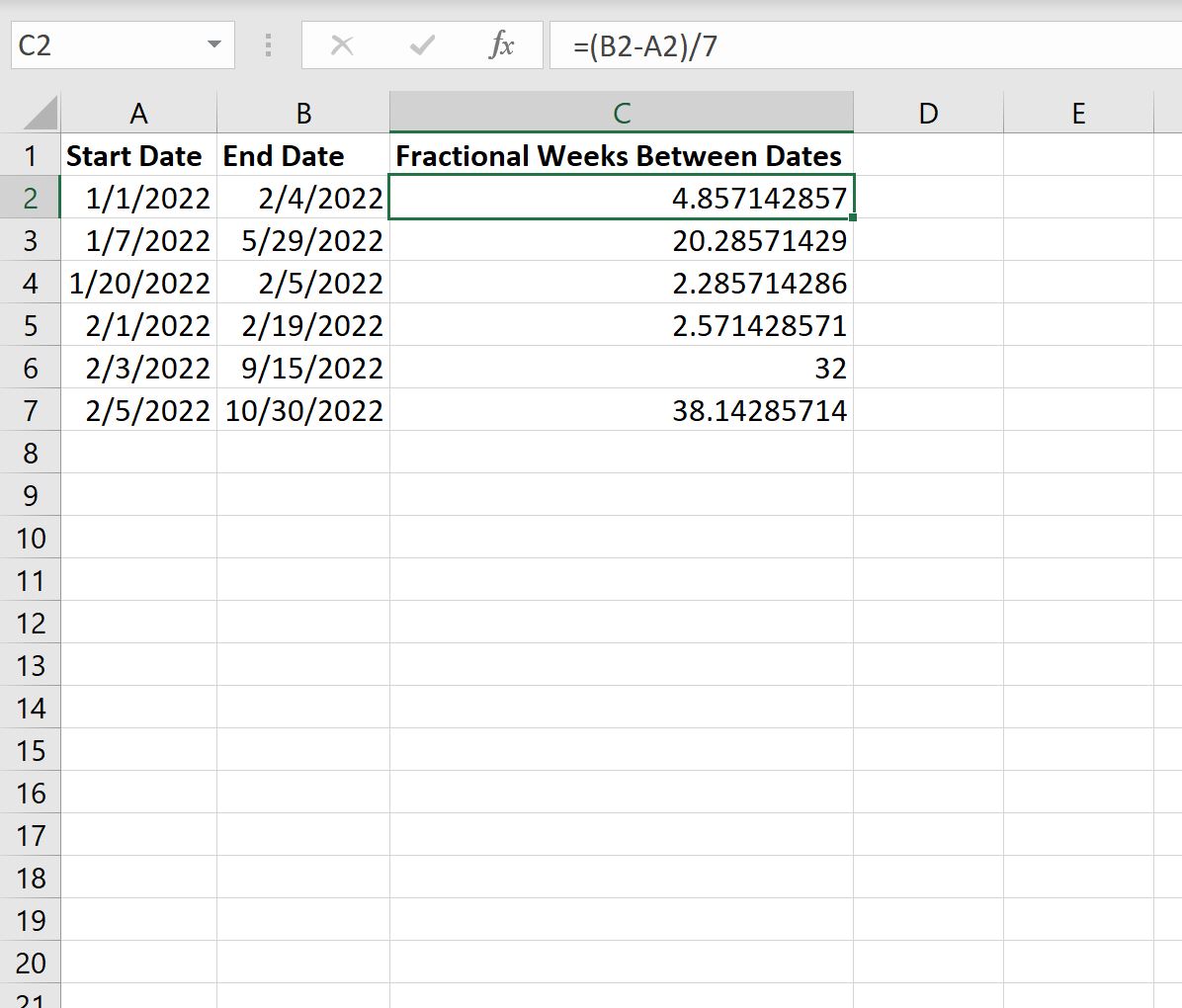Excel count fractional weeks between dates