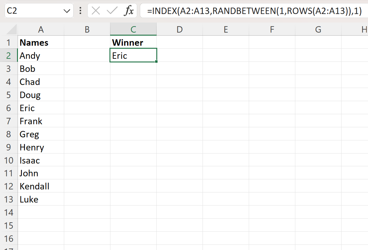 Excel how to select random winner