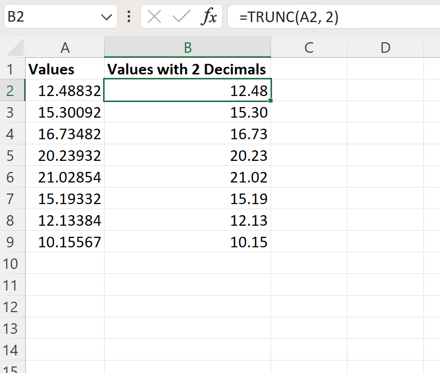 Excel display two decimal place without rounding