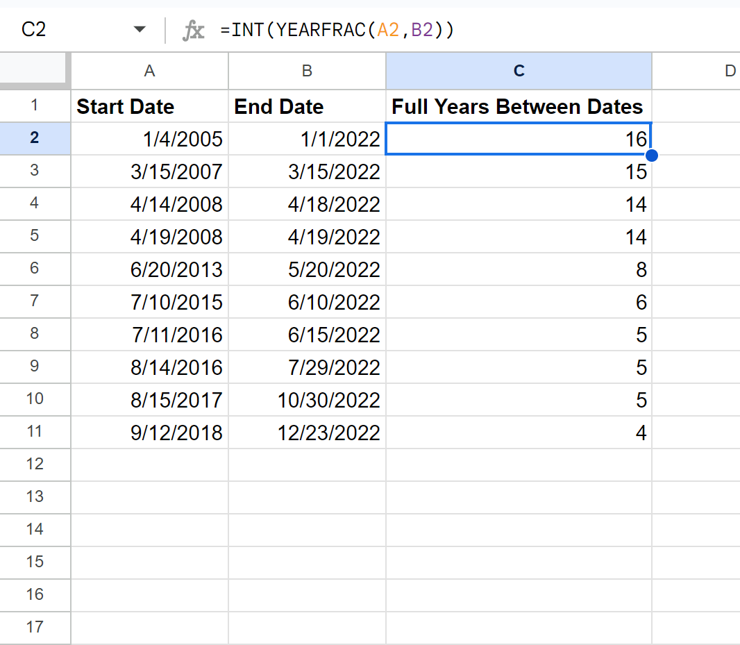 Google Sheets calculate years between dates